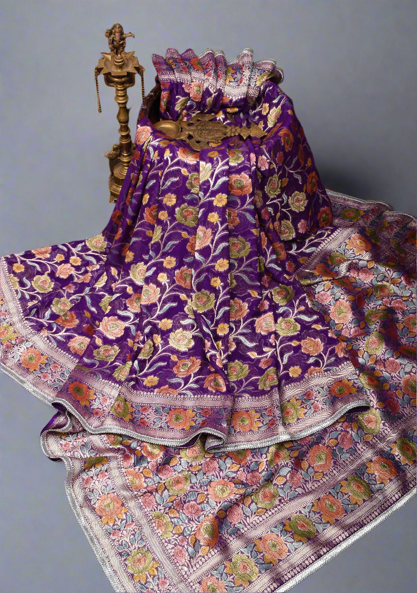 Purple Hand Brush Dye Banarasi Georgette Silk Saree with Floral Jaal and Zari Border and Lace trim | SILK MARK CERTIFIED