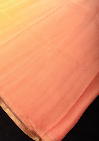 Bollywood style ombre pure chiffon in Light Yellow and Light peach, No Blouse Piece