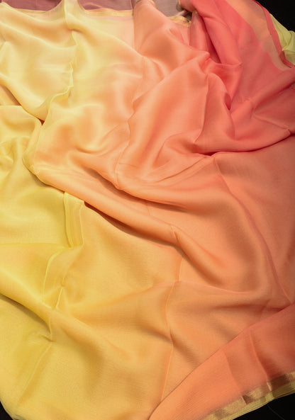 Bollywood style ombre pure chiffon in Light Yellow and Light peach, No Blouse Piece