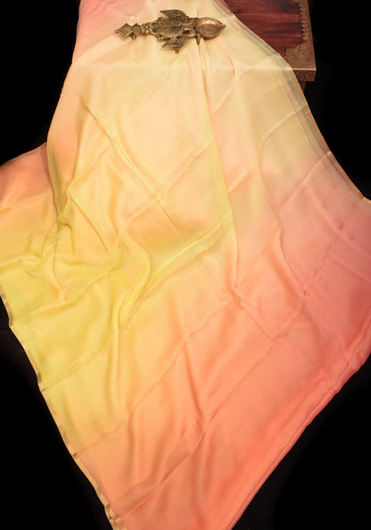 Bollywood style ombre pure chiffon in Light Yellow and Light peach, No Blouse Piece
