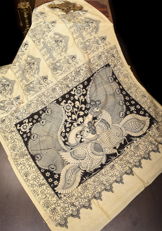 Natural Color Mangalagiri Cotton Saree with Mono Color Kalamkari Screen Print