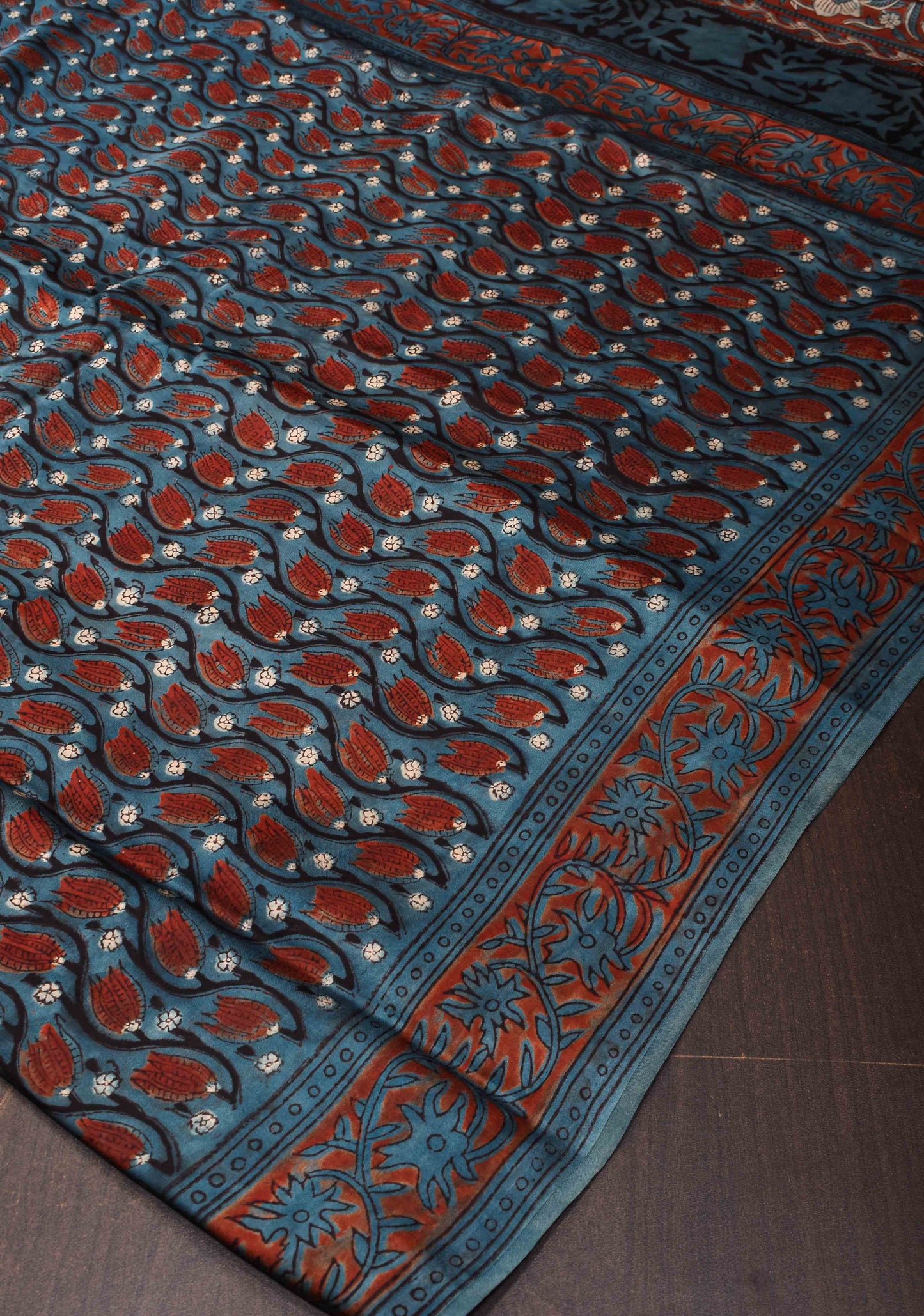 Vanaspati Print Hand Block Print Modal Silk Saree in Tealish Blue