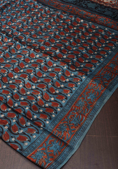 Vanaspati Print Hand Block Print Modal Silk Saree in Tealish Blue