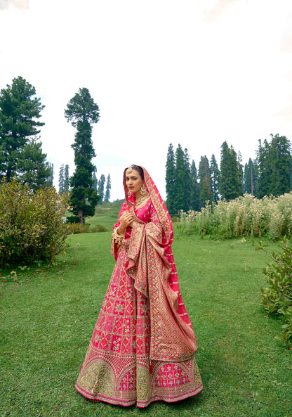 Stunning Pink Jacquard Lehenga Set with embroidery and can-can, Customizable, Made to order