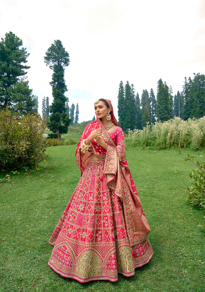 Stunning Pink Jacquard Lehenga Set with embroidery and can-can, Customizable, Made to order