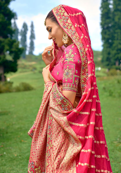 Stunning Pink Jacquard Lehenga Set with embroidery and can-can, Customizable, Made to order