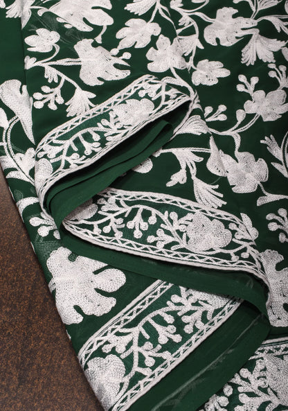 Half Jaal Kashmiri Aari Embroidered Floral Saree in Emerald Green Georgette