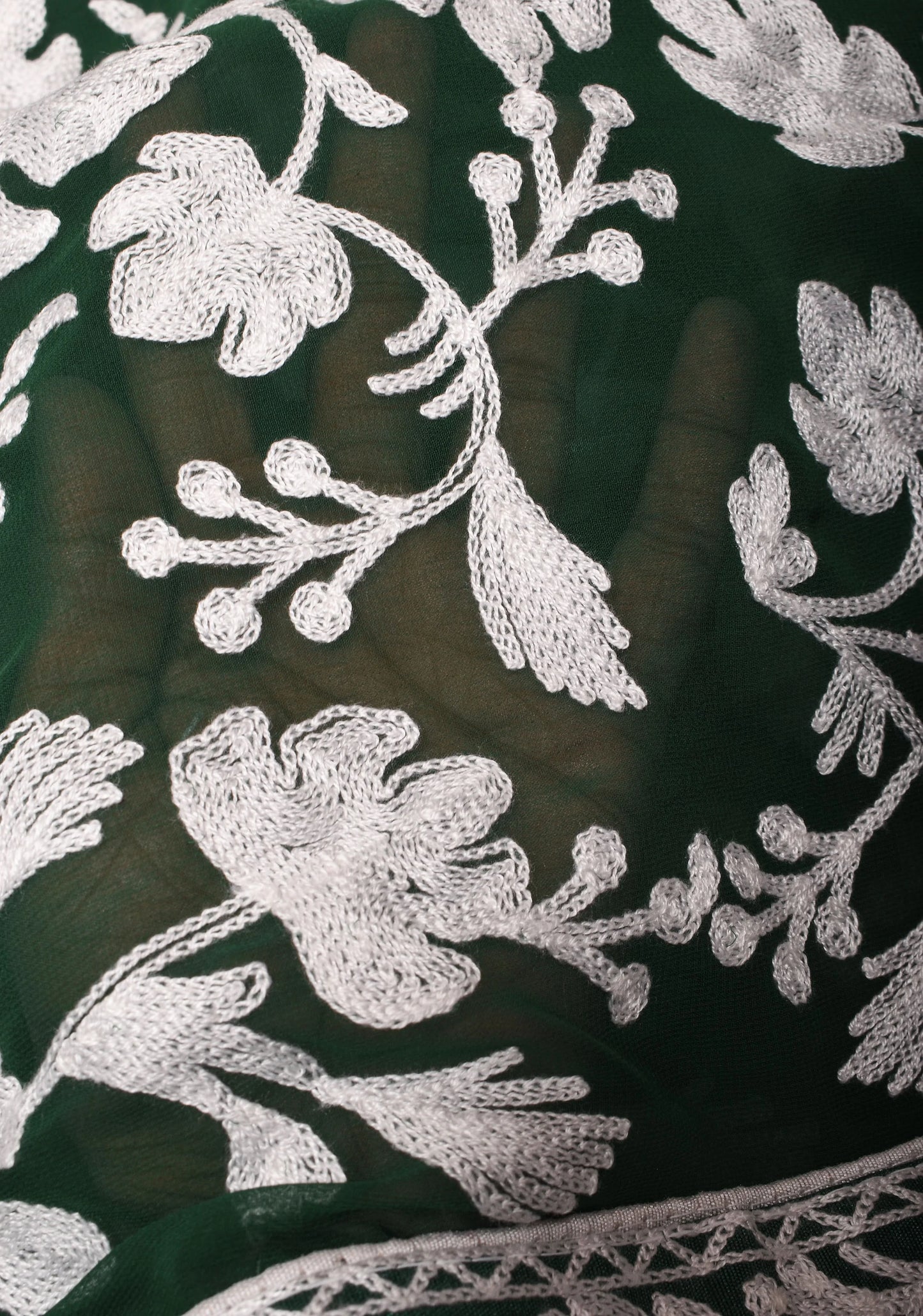 Half Jaal Kashmiri Aari Embroidered Floral Saree in Emerald Green Georgette