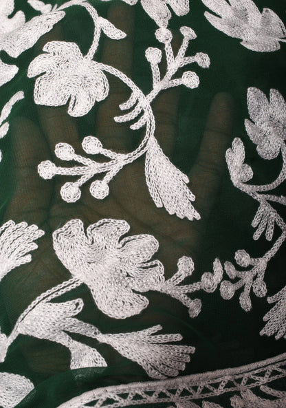 Half Jaal Kashmiri Aari Embroidered Floral Saree in Emerald Green Georgette