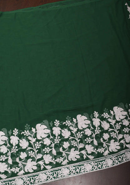 Half Jaal Kashmiri Aari Embroidered Floral Saree in Emerald Green Georgette