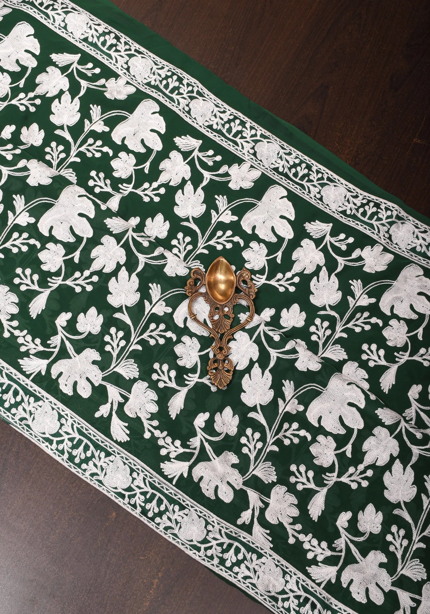 Half Jaal Kashmiri Aari Embroidered Floral Saree in Emerald Green Georgette