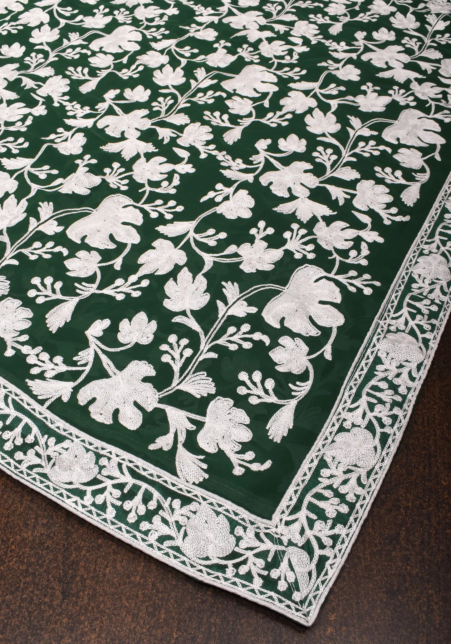 Half Jaal Kashmiri Aari Embroidered Floral Saree in Emerald Green Georgette