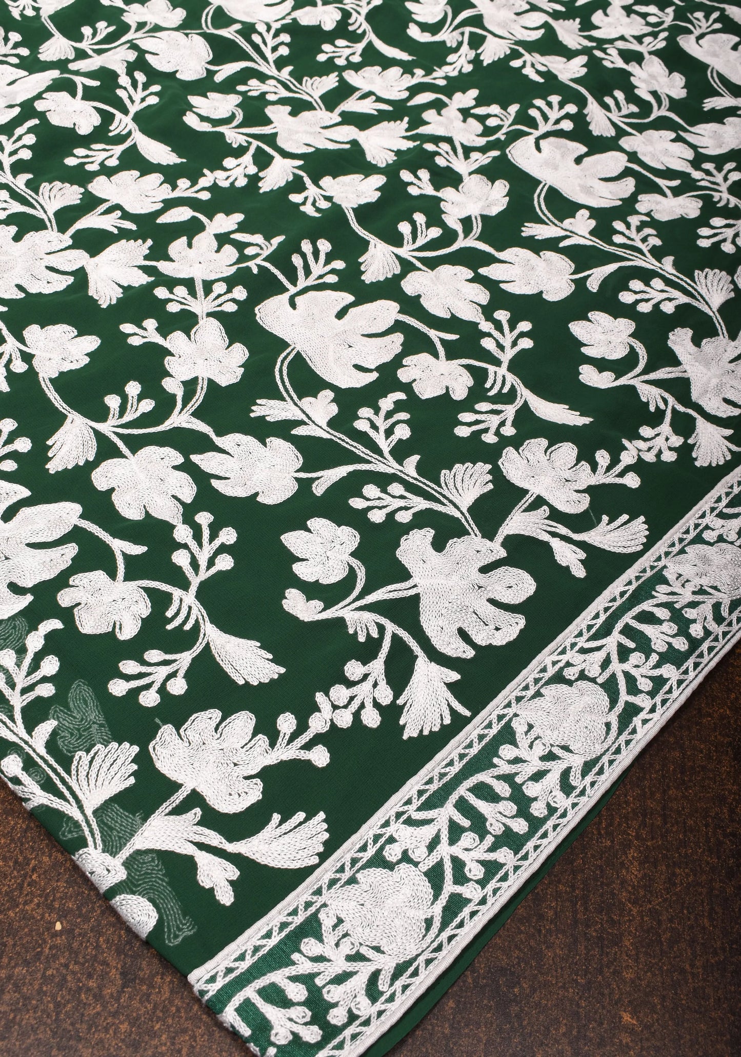 Half Jaal Kashmiri Aari Embroidered Floral Saree in Emerald Green Georgette