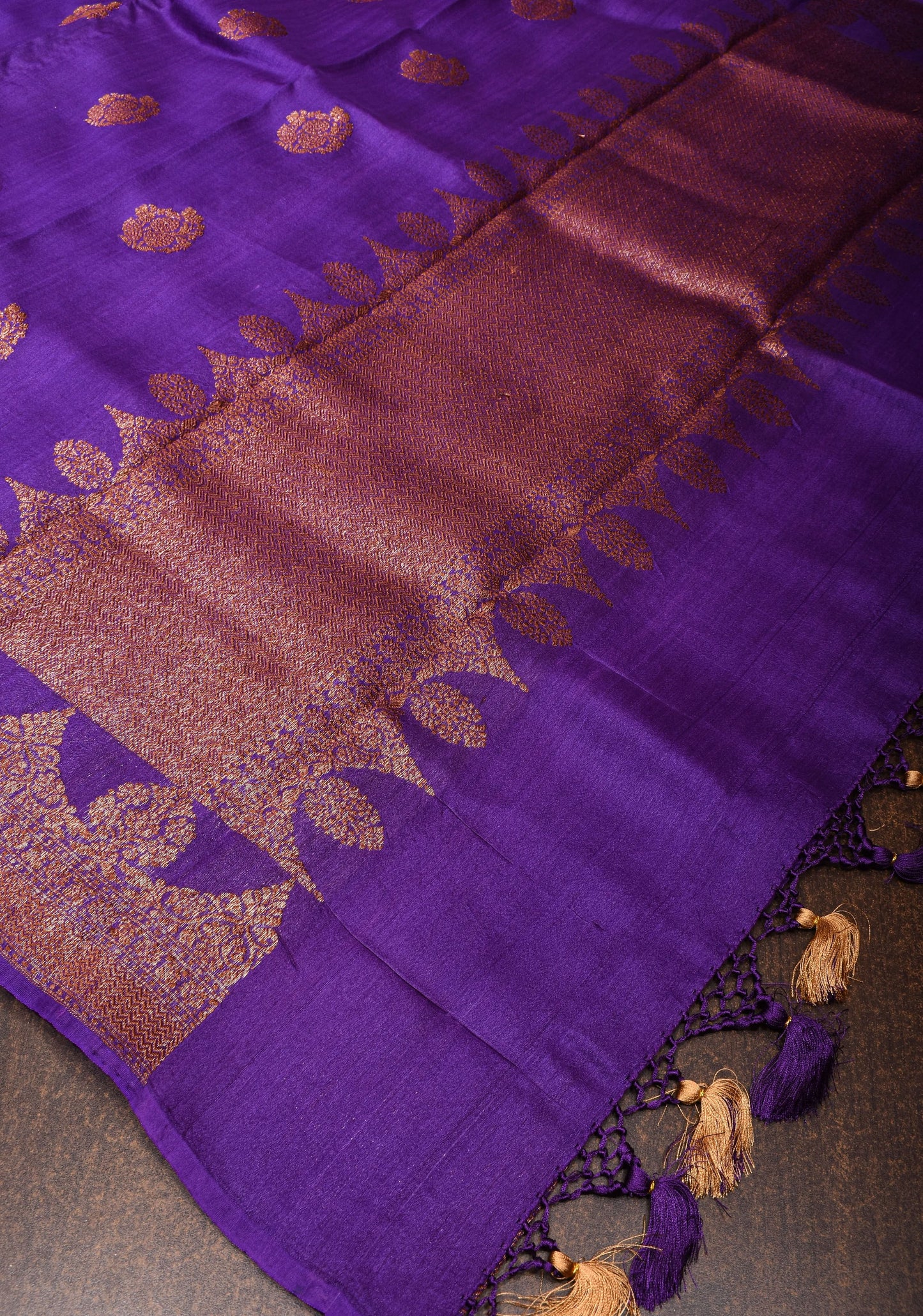 Vidya Favorite - Purple Tussar Silk Saree With Antique Tone Zari and Scallop Borders | SILK MARK CERTIFIED