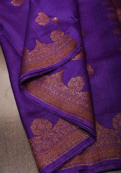 Vidya Favorite - Purple Tussar Silk Saree With Antique Tone Zari and Scallop Borders | SILK MARK CERTIFIED
