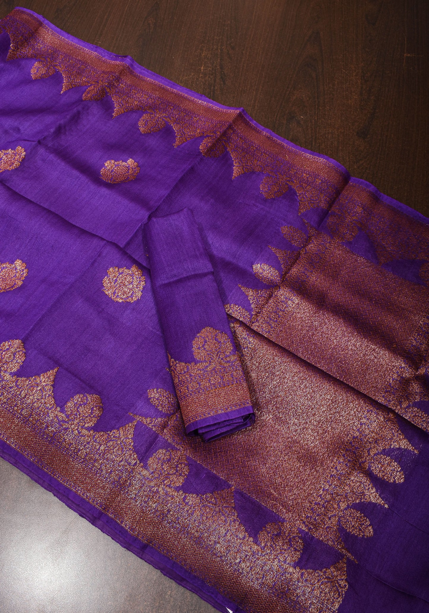 Vidya Favorite - Purple Tussar Silk Saree With Antique Tone Zari and Scallop Borders | SILK MARK CERTIFIED