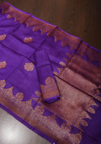 Vidya Favorite - Purple Tussar Silk Saree With Antique Tone Zari and Scallop Borders | SILK MARK CERTIFIED