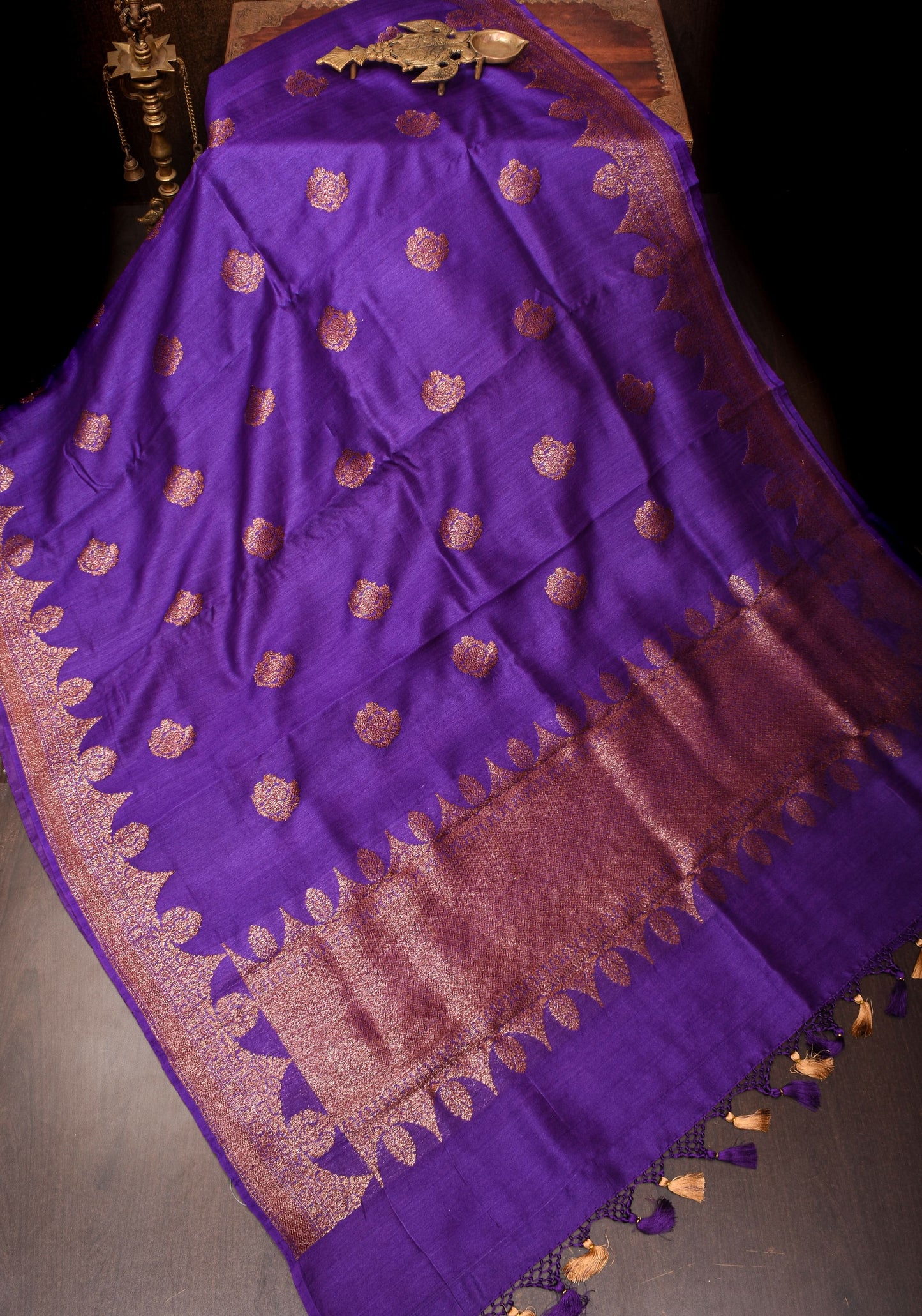 Vidya Favorite - Purple Tussar Silk Saree With Antique Tone Zari and Scallop Borders | SILK MARK CERTIFIED