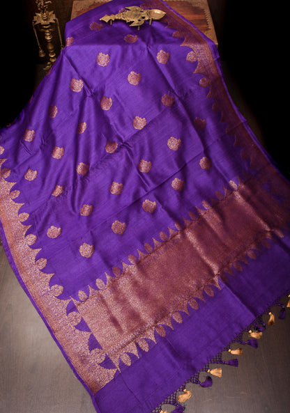 Vidya Favorite - Purple Tussar Silk Saree With Antique Tone Zari and Scallop Borders | SILK MARK CERTIFIED