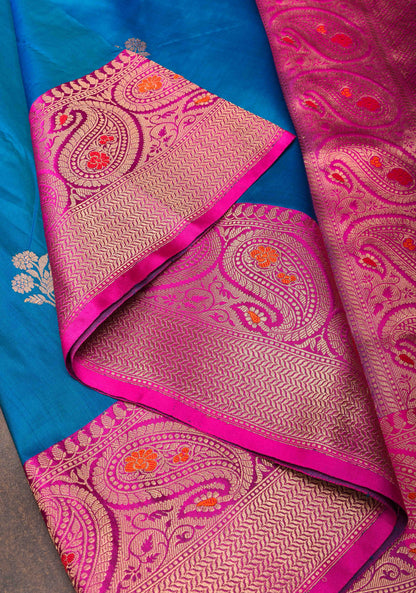 Azure Blue Banarasi Katan silk saree with Floral Zari Buttas and Meenakari Contrast Zari Border | SILK MARK CERTIFIED