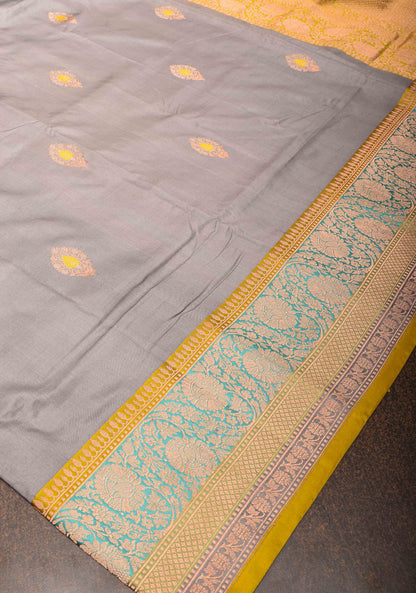 Gray Banarasi Katan silk saree with Meenakari Zari Buttas and Zari Border | SILK MARK CERTIFIED