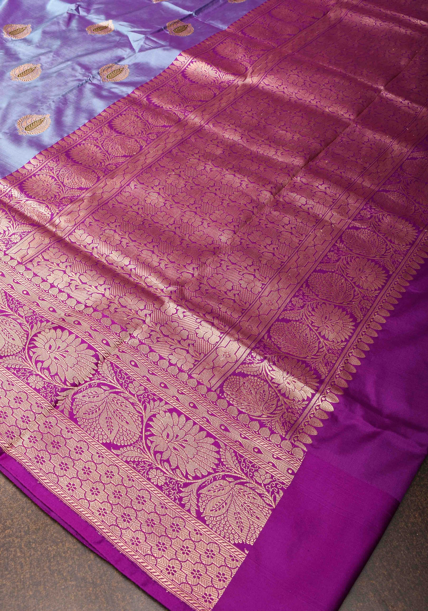 Greyish Purple Banarasi Katan silk saree with Meenakari Zari Buttas and Zari Border | SILK MARK CERTIFIED