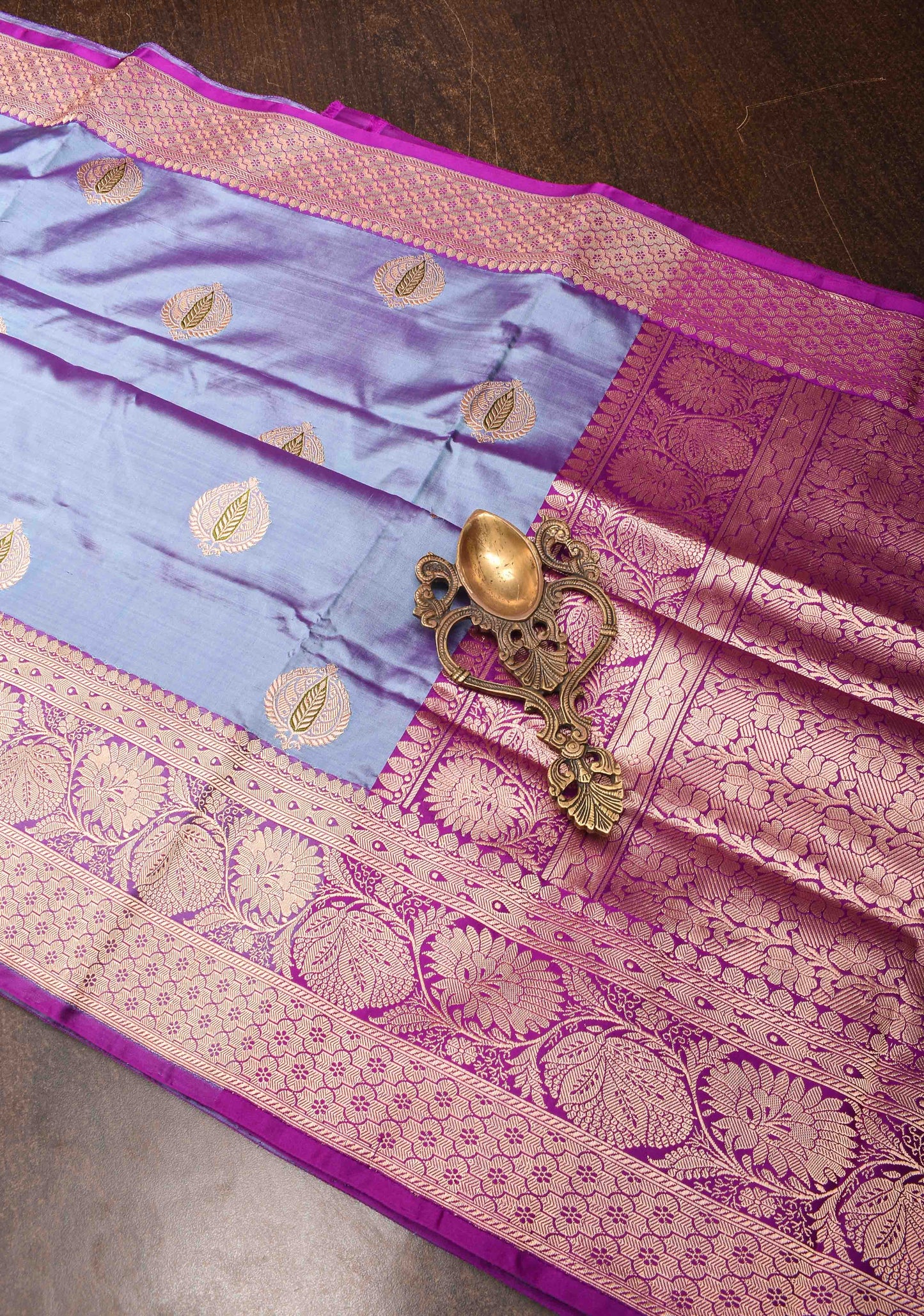 Greyish Purple Banarasi Katan silk saree with Meenakari Zari Buttas and Zari Border | SILK MARK CERTIFIED