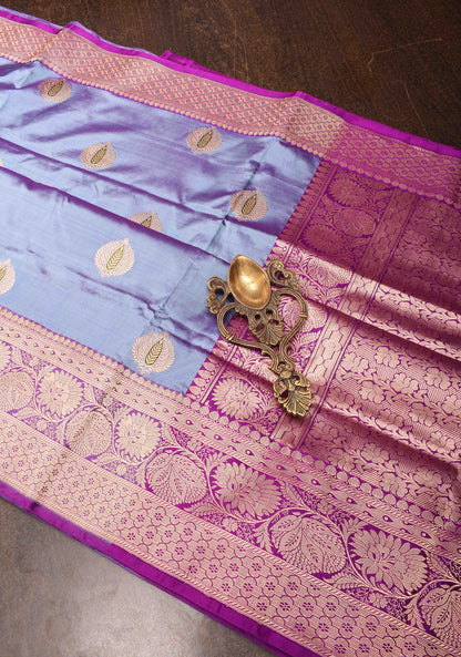 Greyish Purple Banarasi Katan silk saree with Meenakari Zari Buttas and Zari Border | SILK MARK CERTIFIED