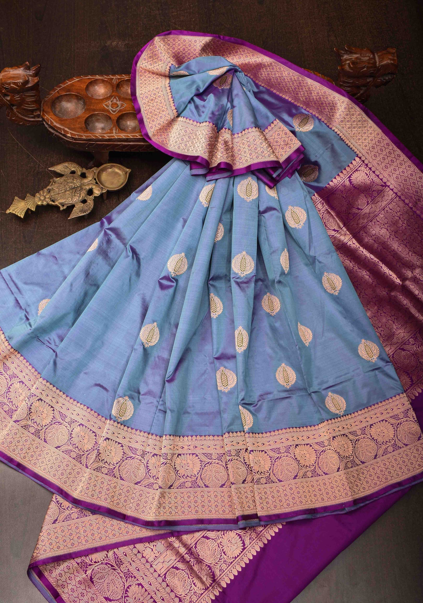 Greyish Purple Banarasi Katan silk saree with Meenakari Zari Buttas and Zari Border | SILK MARK CERTIFIED